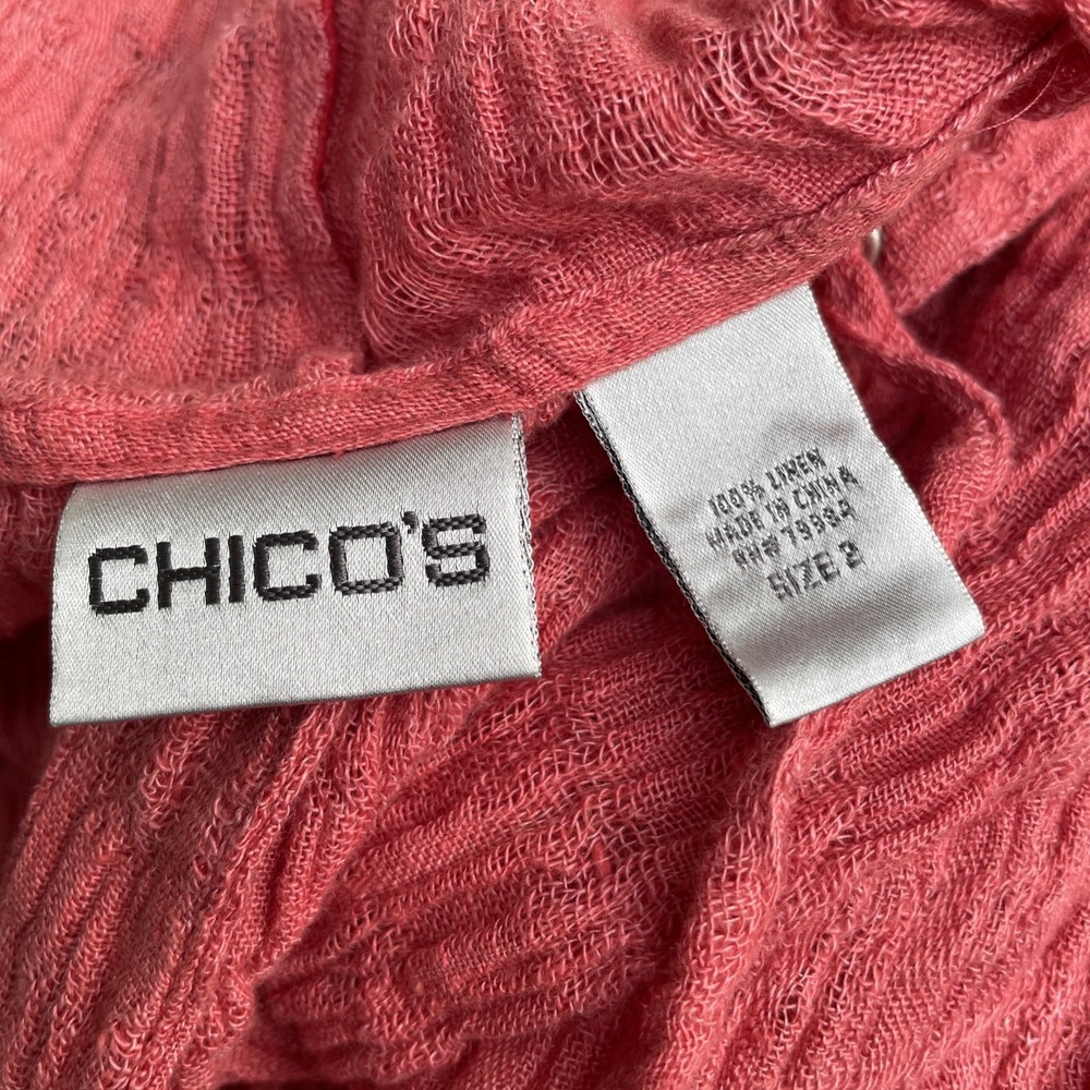 Chico's Crinkle Tunic Hoodie Womens Large Coral Pink 100% Linen Gauze Beach Boho - Picture 6 of 11